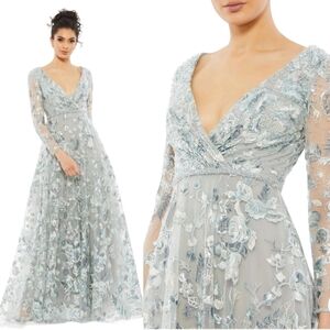 Mac Duggal size 12 Vneck Illusion LongSleeve A line Platinum Light Blue Dress